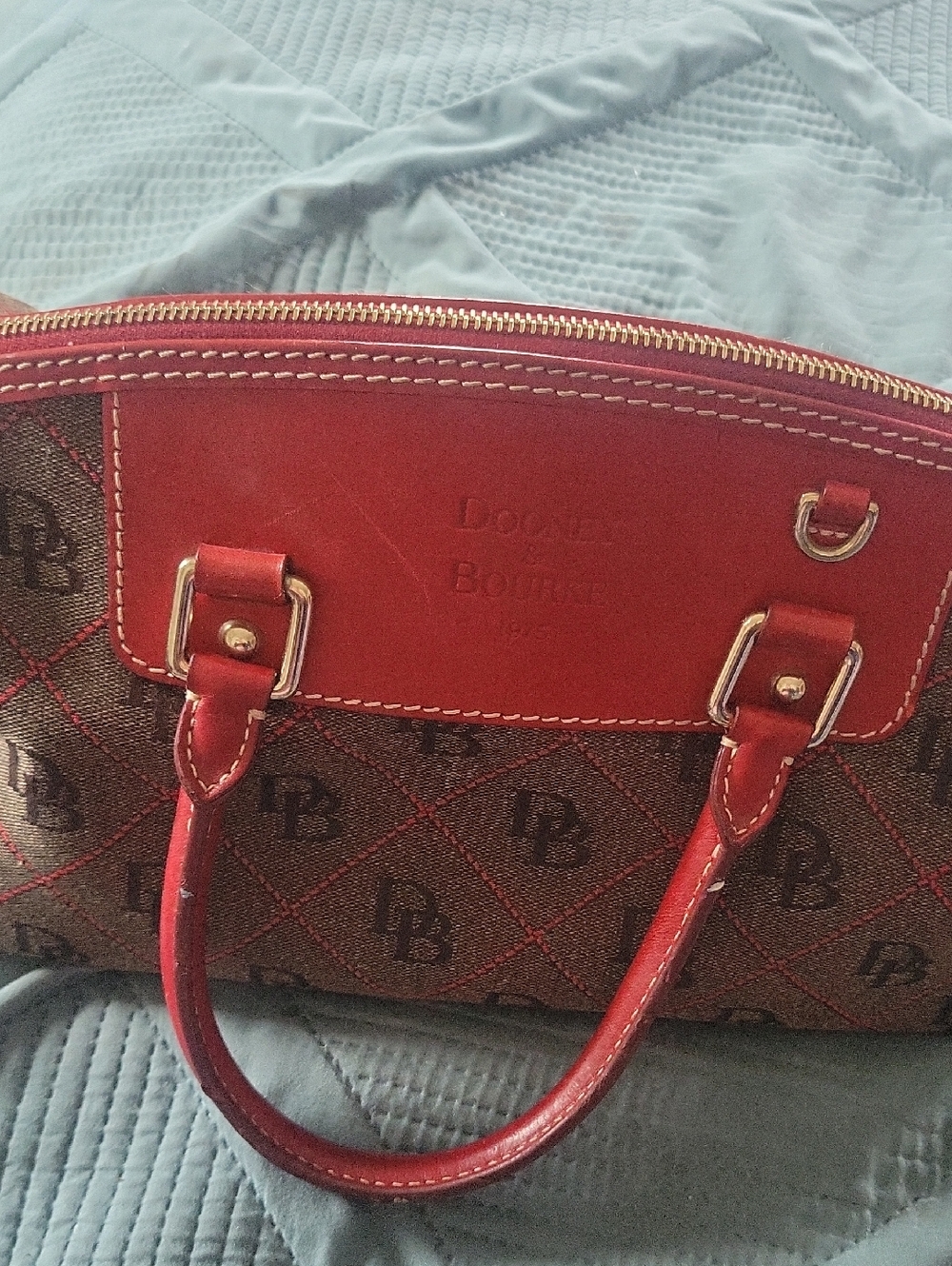 Dooney & Bourke Brown Canvas Satchel with Red Leather Trim